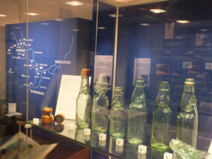 Decorative glass bottles on display