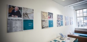Wall hung displays of images and text